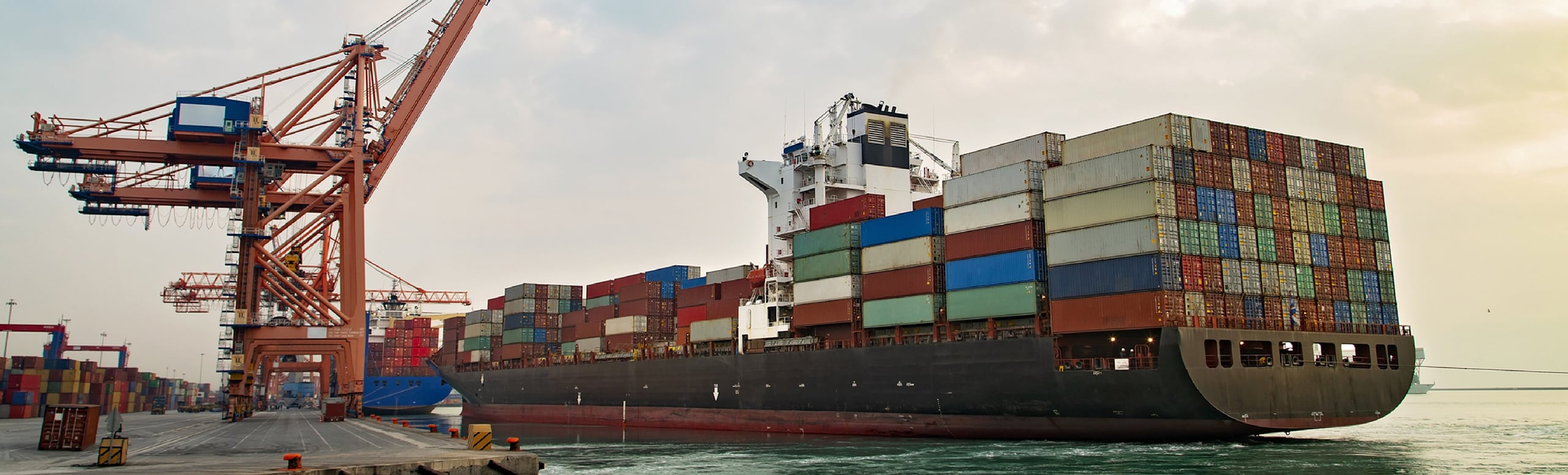 A large container ship uploading at a port